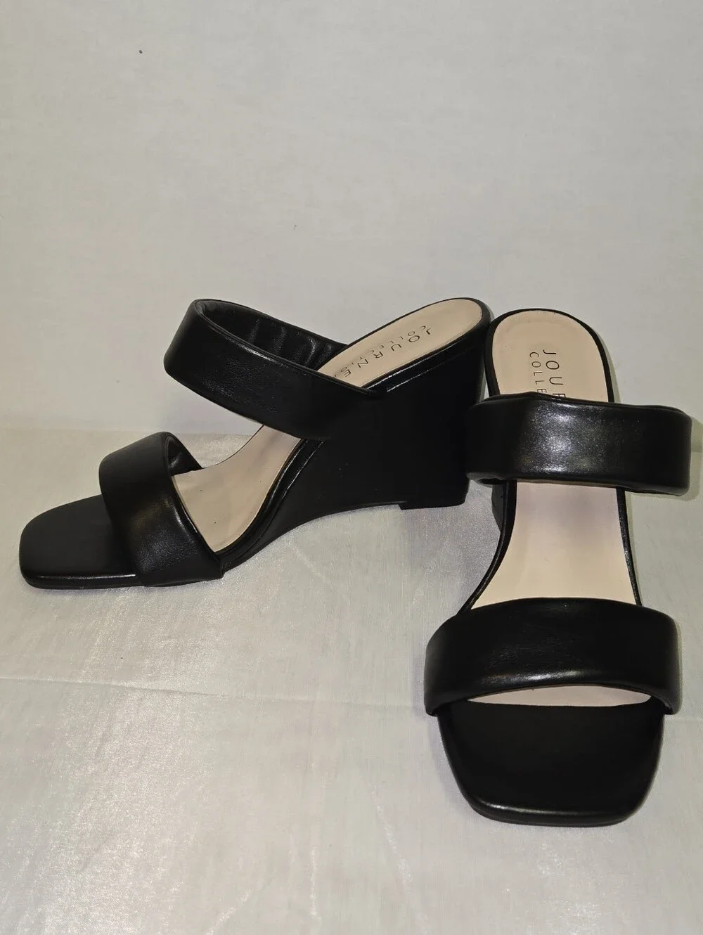 Journee Collection Black Double-Band Wedge Slide Sandals
